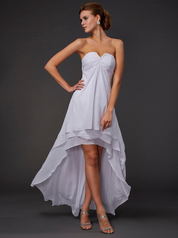 Wholesale A-Line/Princess Sweetheart Sleeveless Ruffles High Low Chiffon Dresses